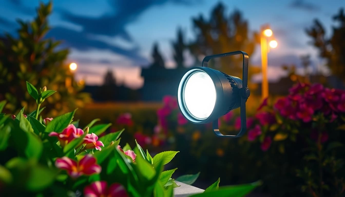 Verlicht een tuin met led straler terwijl het in de schemering straalt.