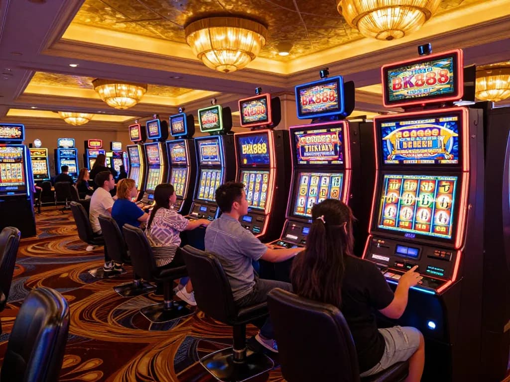Players eagerly engaging with BK888 slot machines, colorful lights and excitement fill the casino.