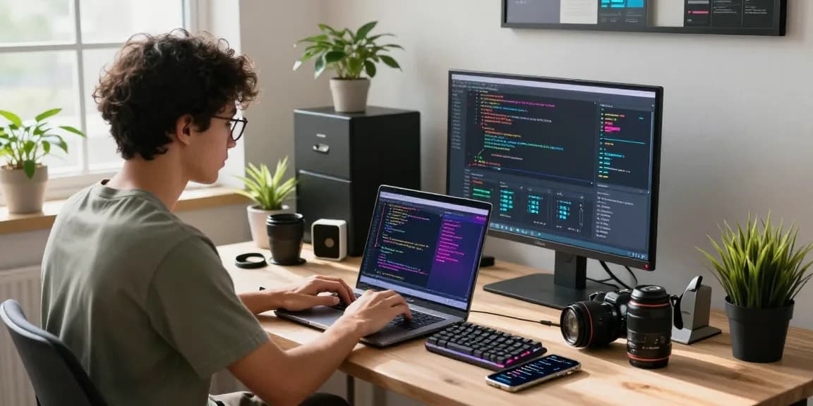 Explore 纸飞机下载 in a vibrant tech workspace filled with gadgets and code.