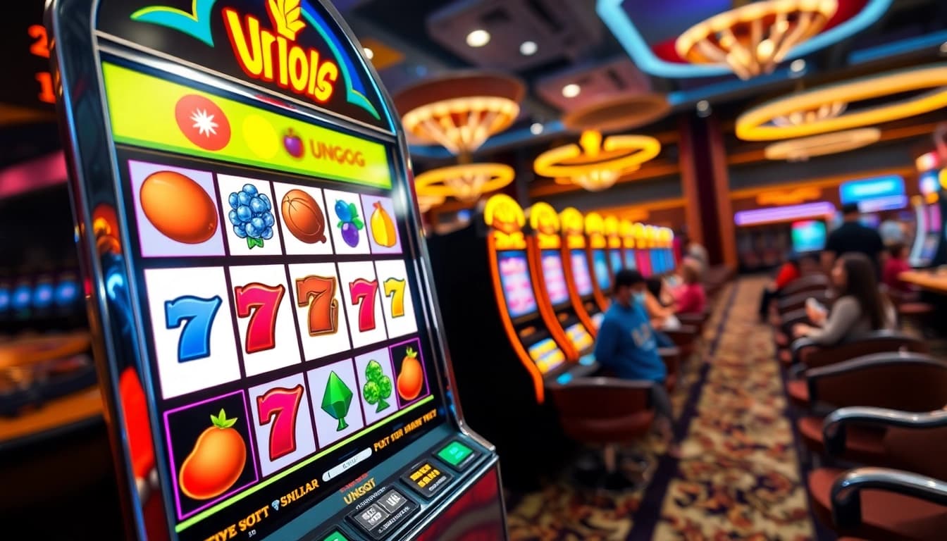 Mainkan Unogg slot game dengan simbol berwarna-warni dan suasana kasino yang meriah.