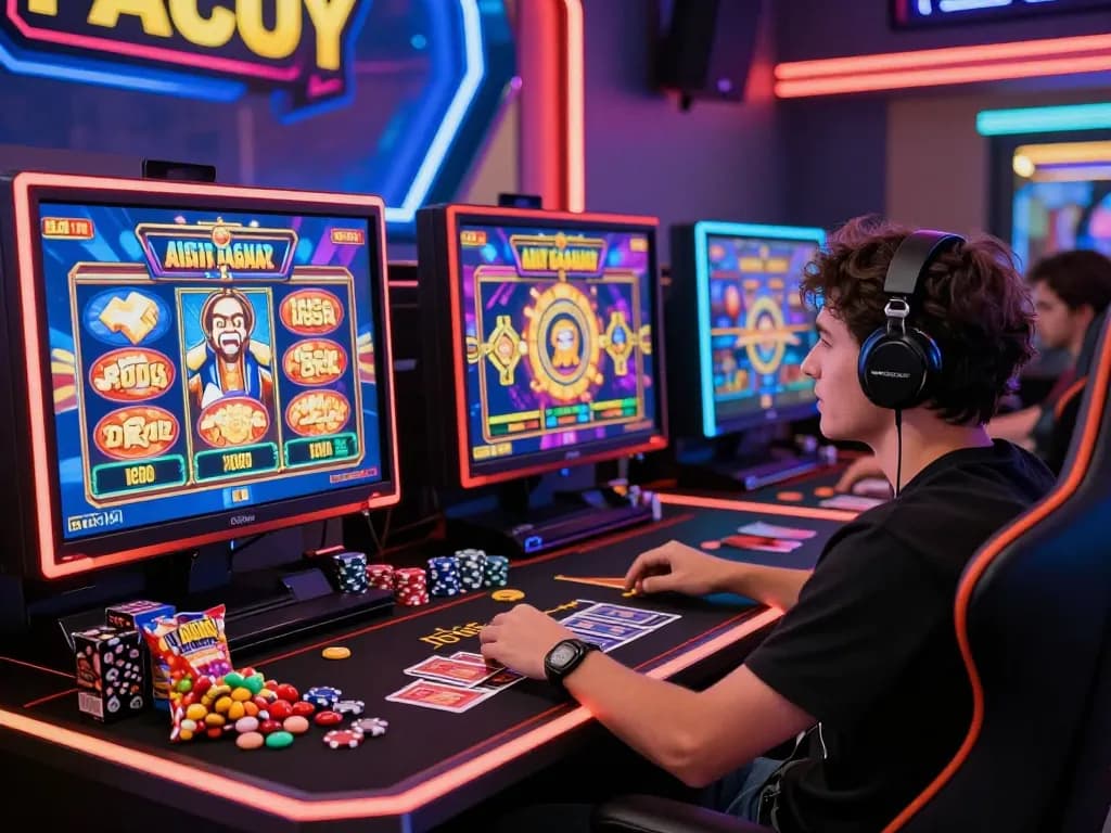 Player in a vibrant gaming space enjoying situs gacor online slots with poker chips and snacks.