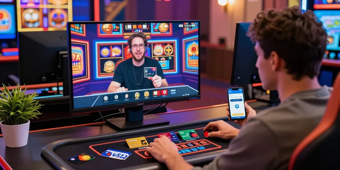 Exciting gaming atmosphere at credit card casinos with a player engaging with live dealer games and displayed credit cards.