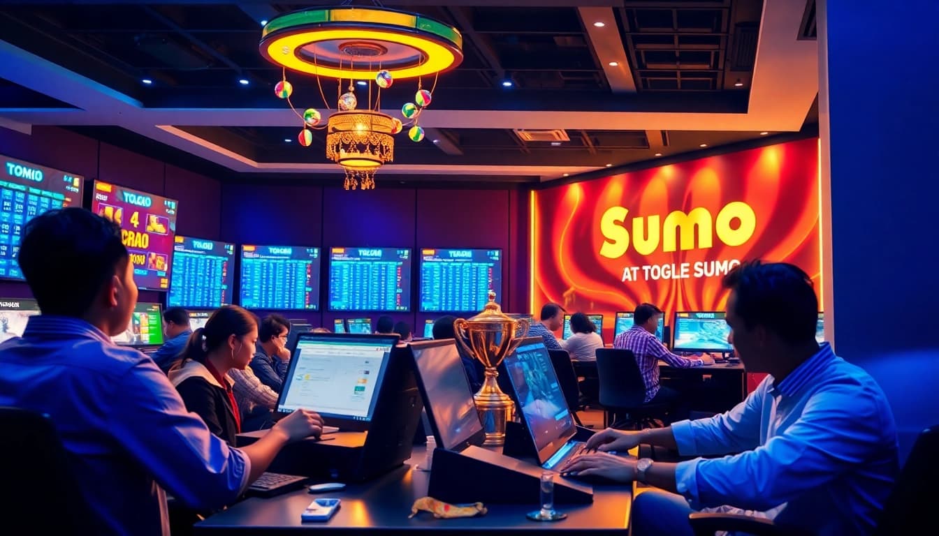 ADEGAN Permainan Togel Sumo online yang menarik, menampilkan para pemain merayakan kemenangan dengan warna-warna cerah.