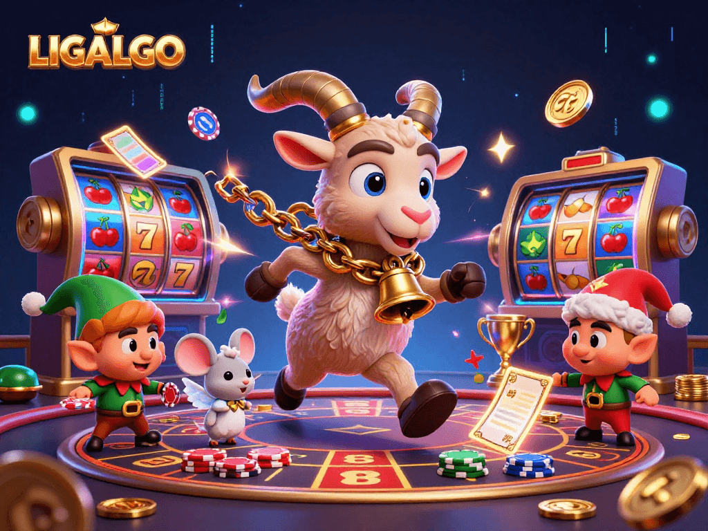 LIGALGO creates excitement in a holiday casino scene, showcasing playful characters amidst vibrant gambling elements.