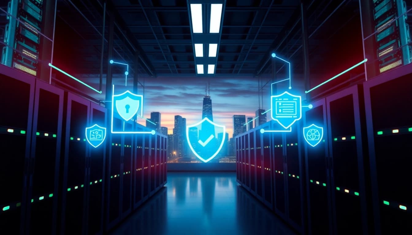 Implement robust CDN with DDoS Protection featuring high-tech data center and security elements.