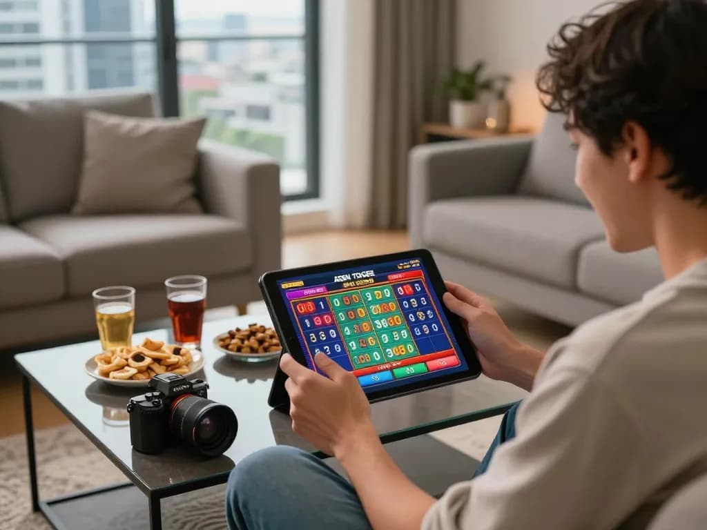 Engaging scene with a user excitedly playing Agen Togel on a tablet, modern home setting.