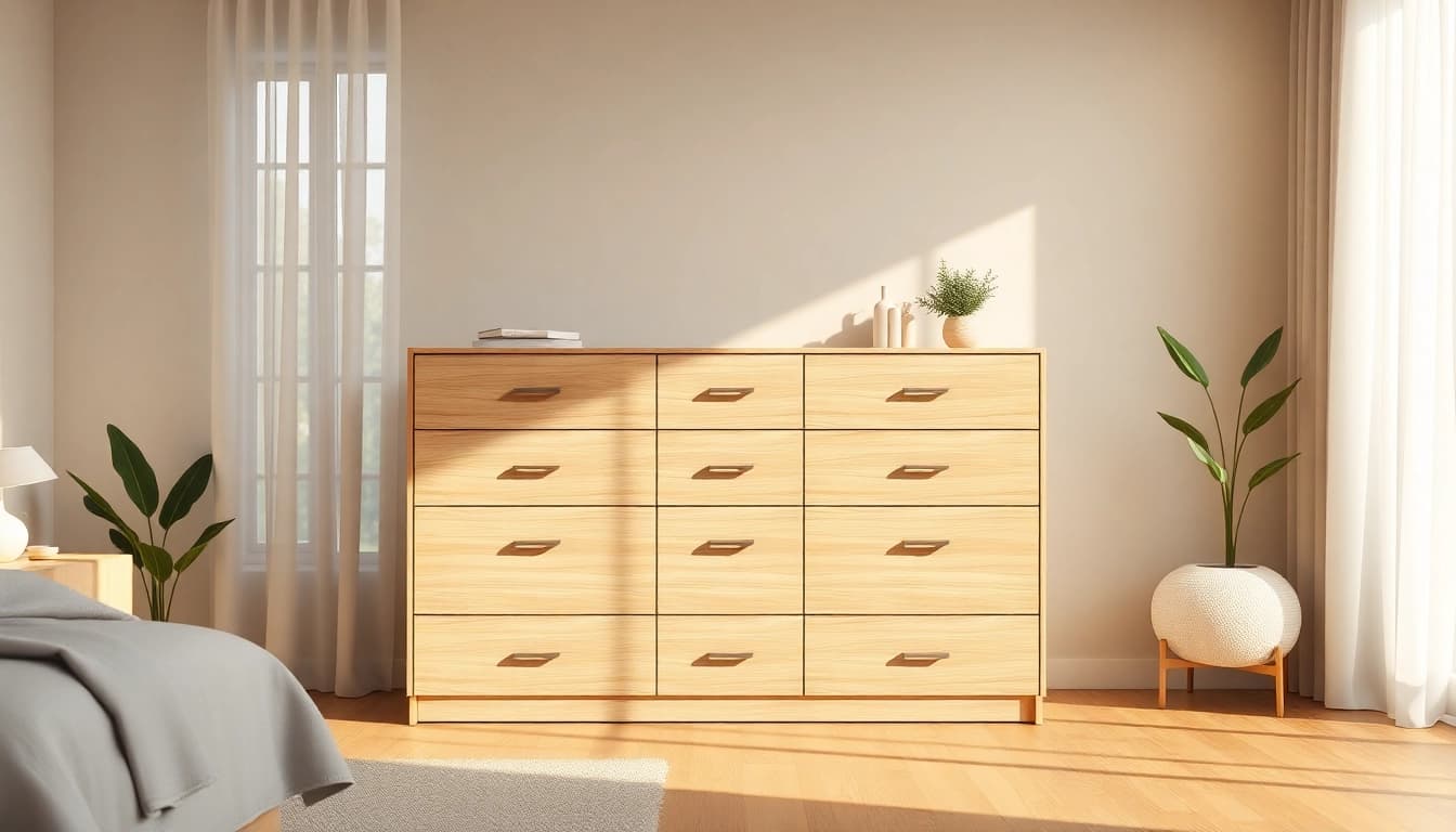 Showcase of chest of drawers with modern design in a stylish bedroom setting.