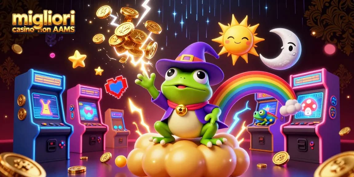 Migliori casino non AAMS: illustrazione 3D con un mago rana e un camaleonte che surfano su una nuvola d'oro.