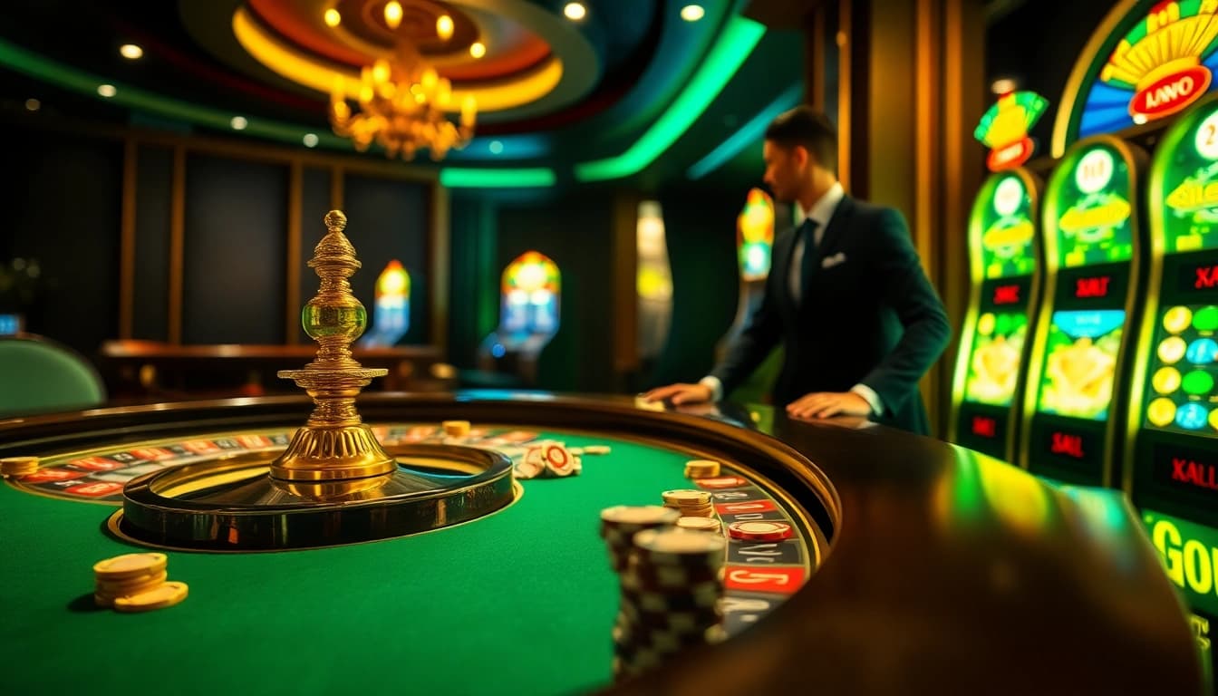 Kubet casino scene showcasing vibrant slot machines and a roulette table, capturing the essence of exciting online gambling.