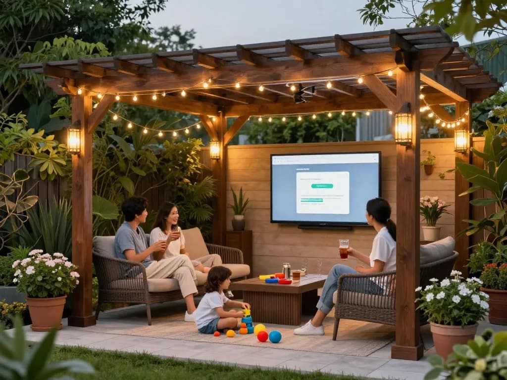 Enjoying a family gathering under an online pergola configurator-designed structure in a lush garden.