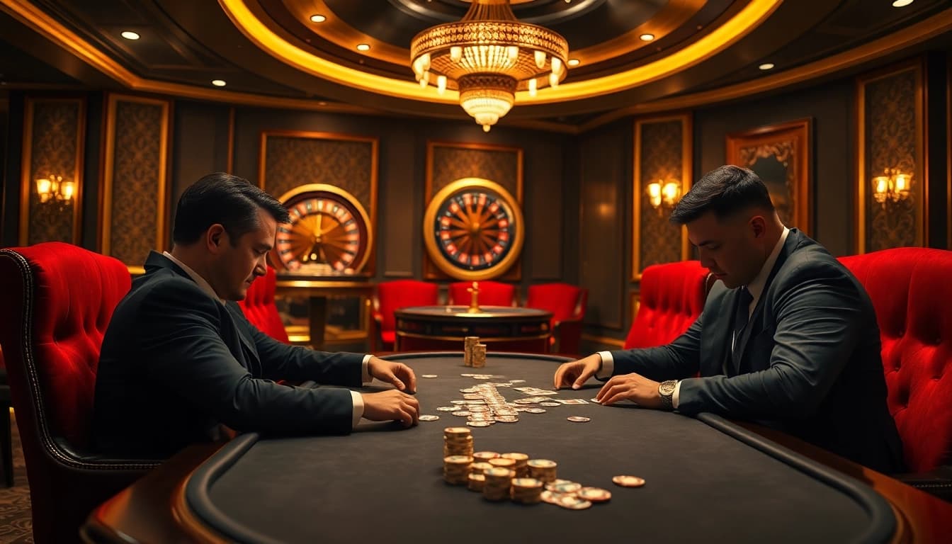 A high-stakes poker scene from https://s88.works/ with players, cards, and chips in a luxurious casino atmosphere.