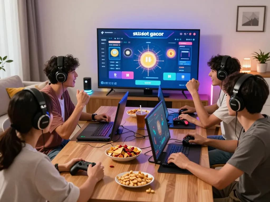 sesi permainan situs slot gacor dengan teman-teman bersorak untuk kemenangan dan gadget modern