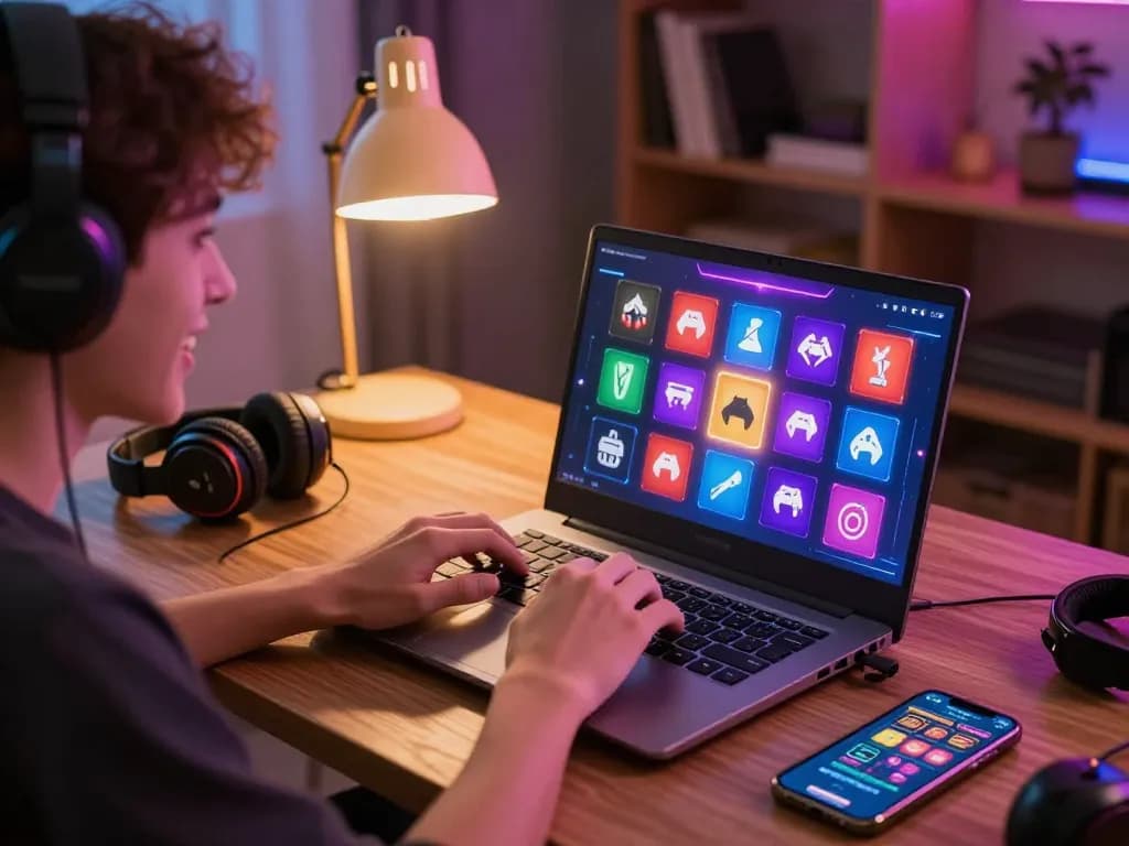 Engaged user playing tr88 online casino game on laptop in cozy home setting.