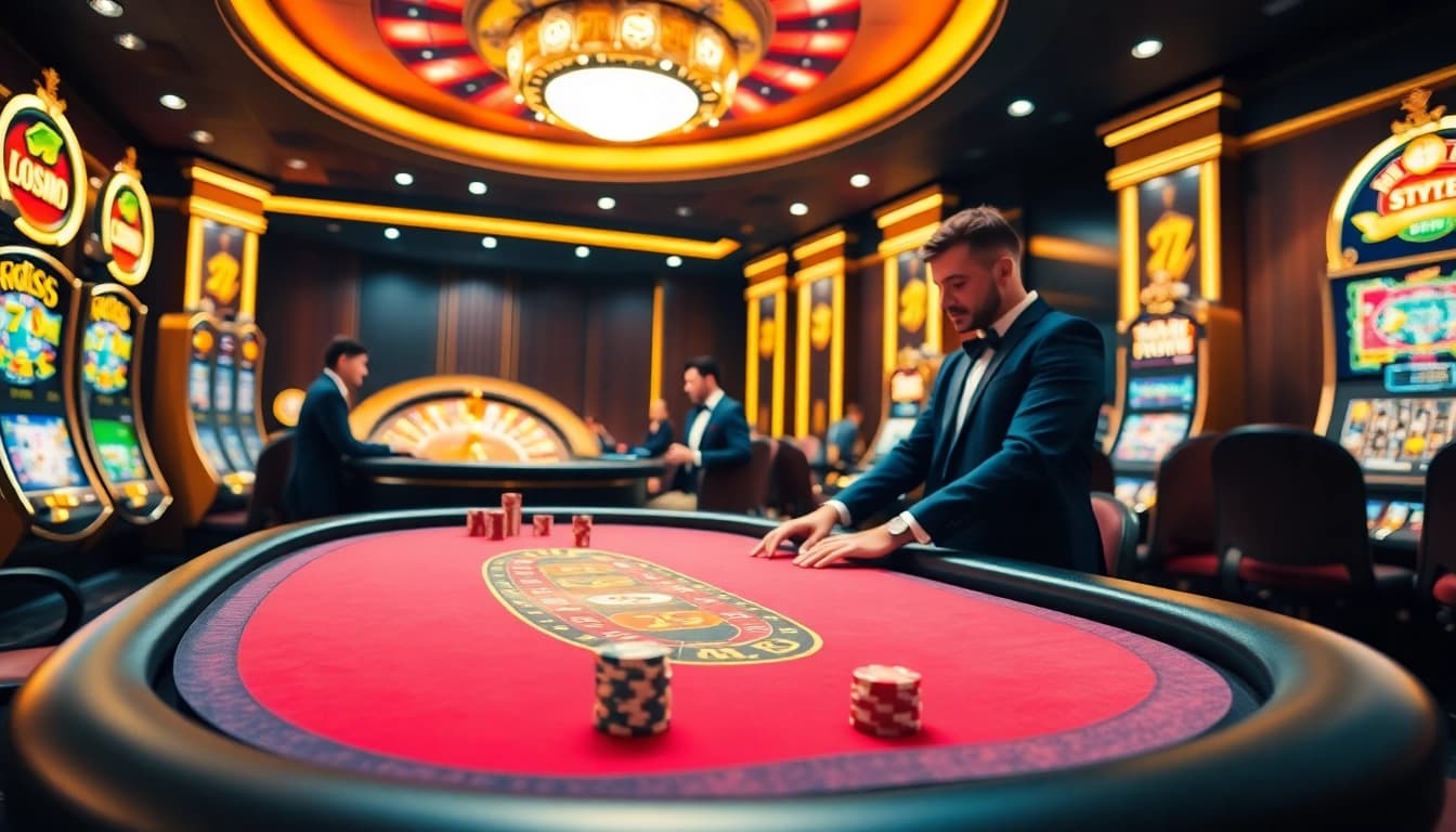 rr88 playing poker at a luxurious casino table with vibrant slot machines