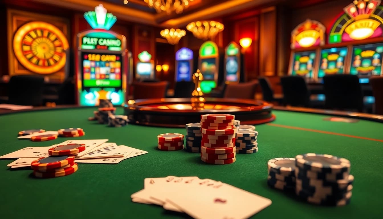 Ressentez l'excitation du meilleur casino en ligne avec une table de poker dynamique et une roue de roulette.