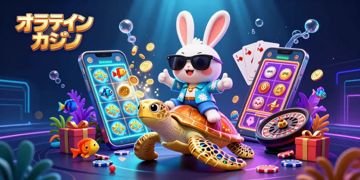 オンラインカジノで遊ぶラッキーウサギと金色の亀の3Dイラスト