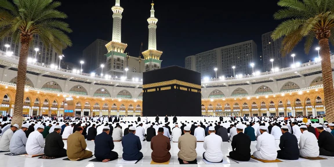 Stunning Umroh Full Ramadhan travel scene with devout pilgrims at Kaaba, showcasing spiritual journey and breathtaking atmosphere.