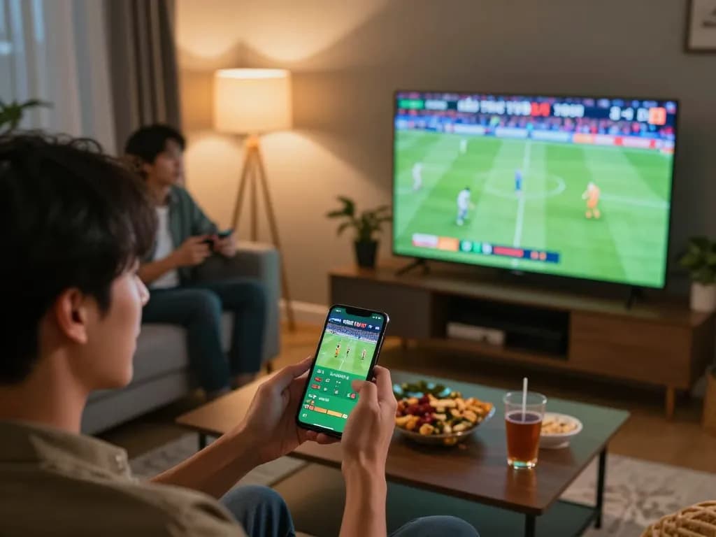 KÈO TRỰC TUYẾN sports betting action in a cozy home setting with smartphone and live match.