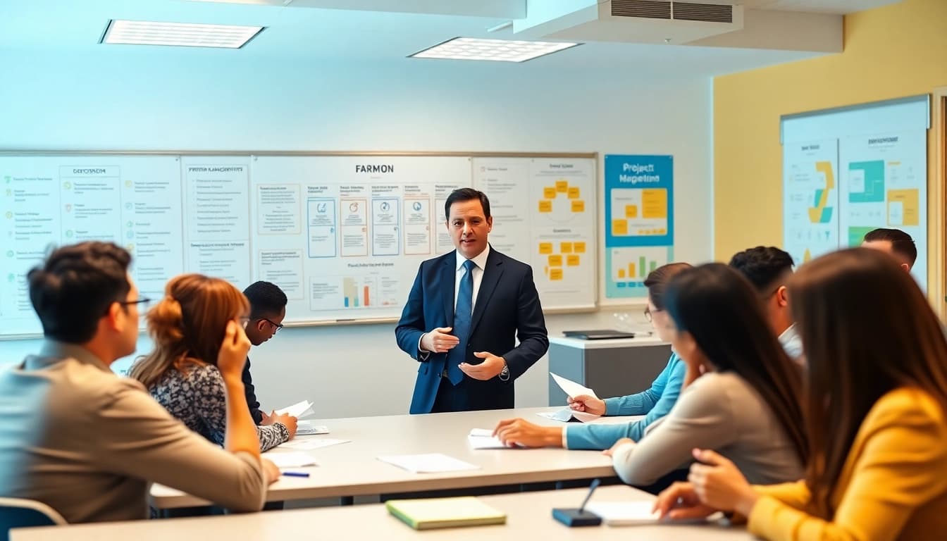 PMP exam support session with diverse group discussing project management in a modern classroom.