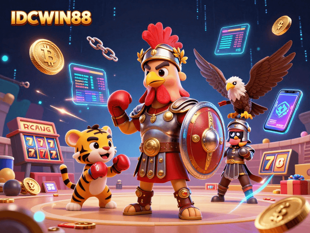 Engage with IDCWIN88 by exploring dynamic casino-themed elements and characters in this captivating illustration.