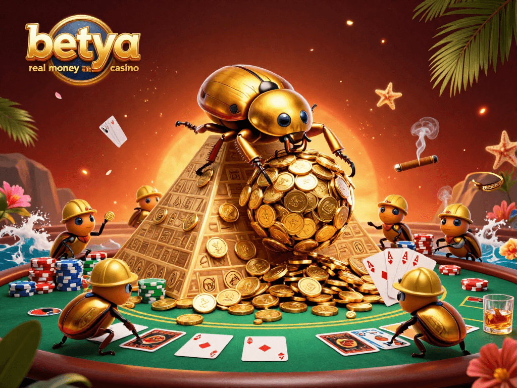 Engage with the vibrant scene at betya real money online casino featuring cartoon beetles rolling golden coins.