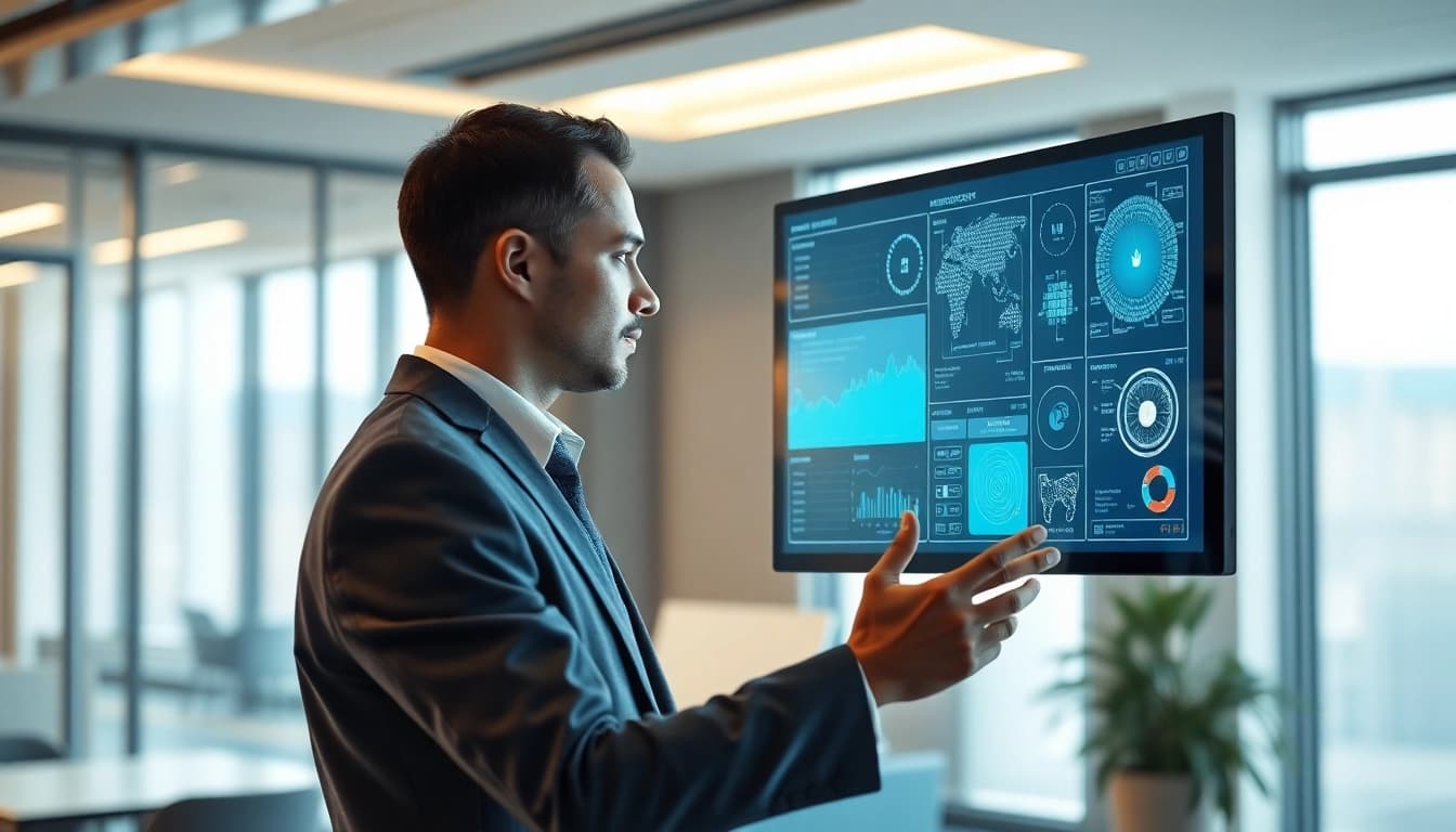 Engaging human interface with AI in a modern workspace, showcasing collaboration and technology.
