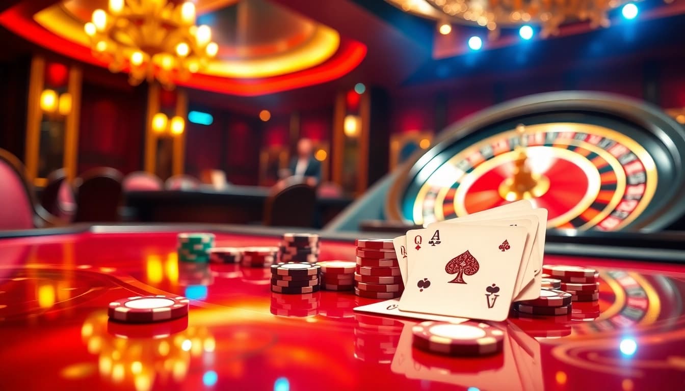 Engaging casino scene with vibrant décor featuring nhà cái mm88, cards, chips, and roulette.