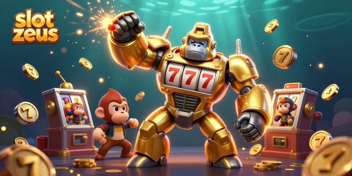 Engage with the slot zeus experience featuring a dynamic golden gorilla mech amidst spinning reels and jackpot elements.
