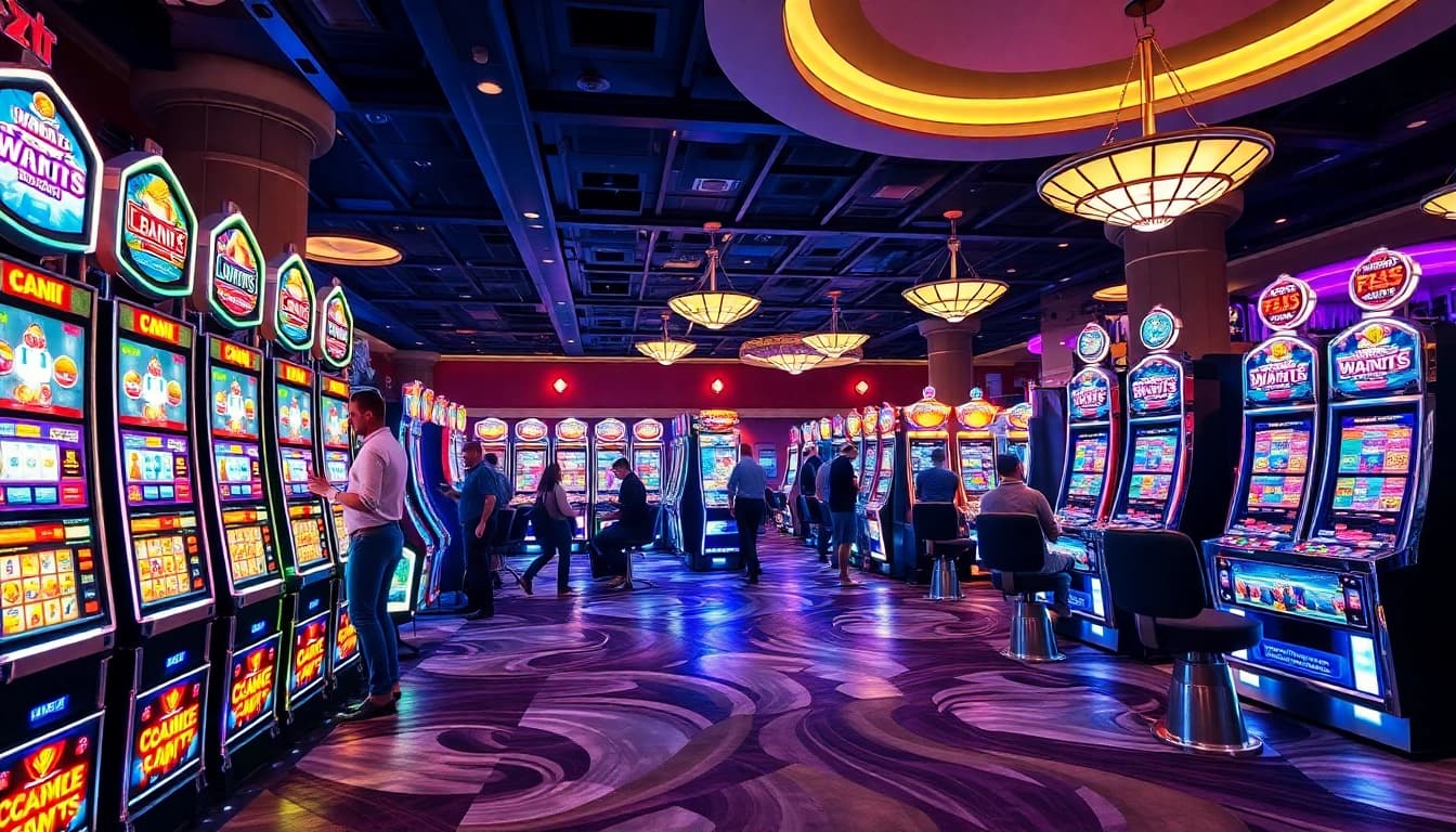 Engaging players at slot777 in a vibrant casino filled with neon lights and exciting slot machines.