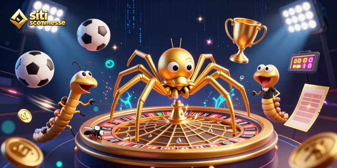 Siti scommesse: un ragno d'oro gira una ruota da gioco con palloni sportivi e effetti luminosi