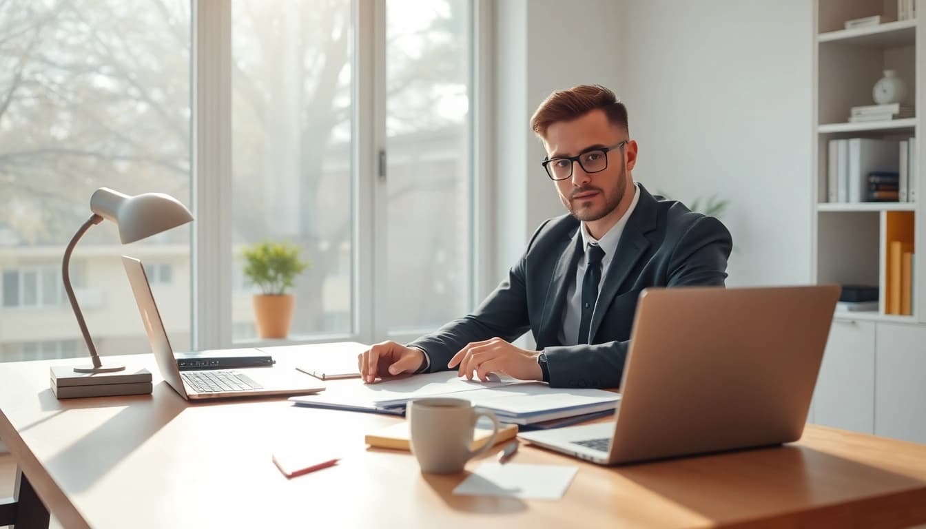 Hire someone to take lsat for you while a professional studies at a modern desk.