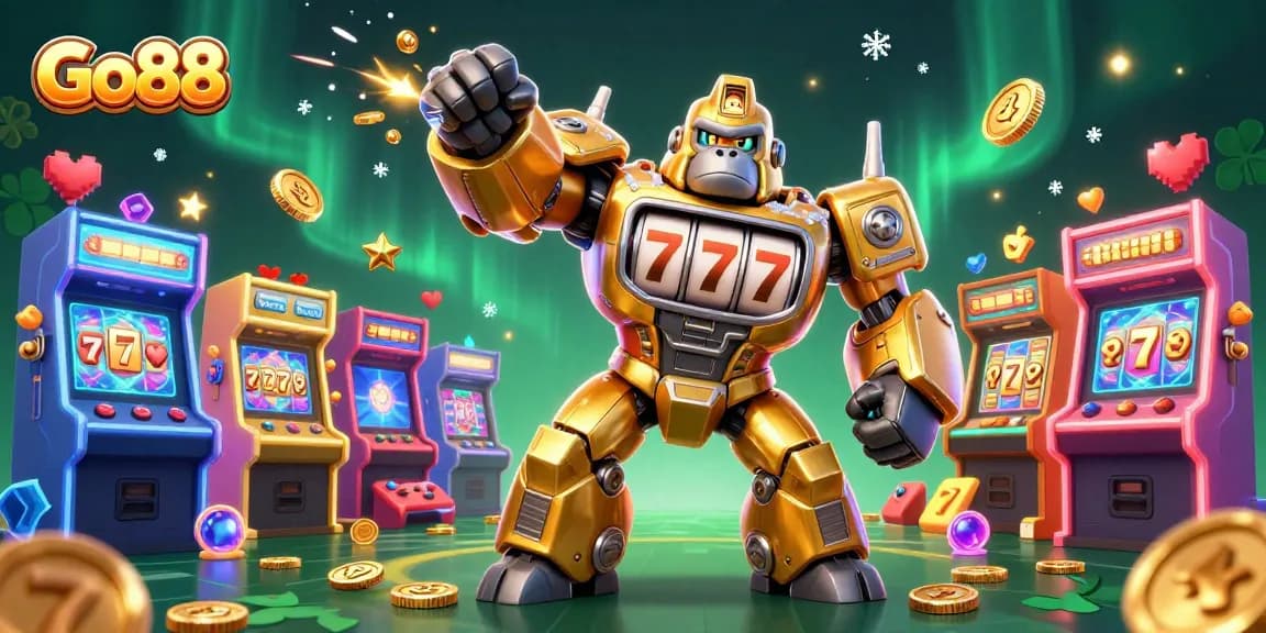 Engage with Go88's vibrant 3D casino world featuring a golden gorilla mech and exciting game elements.