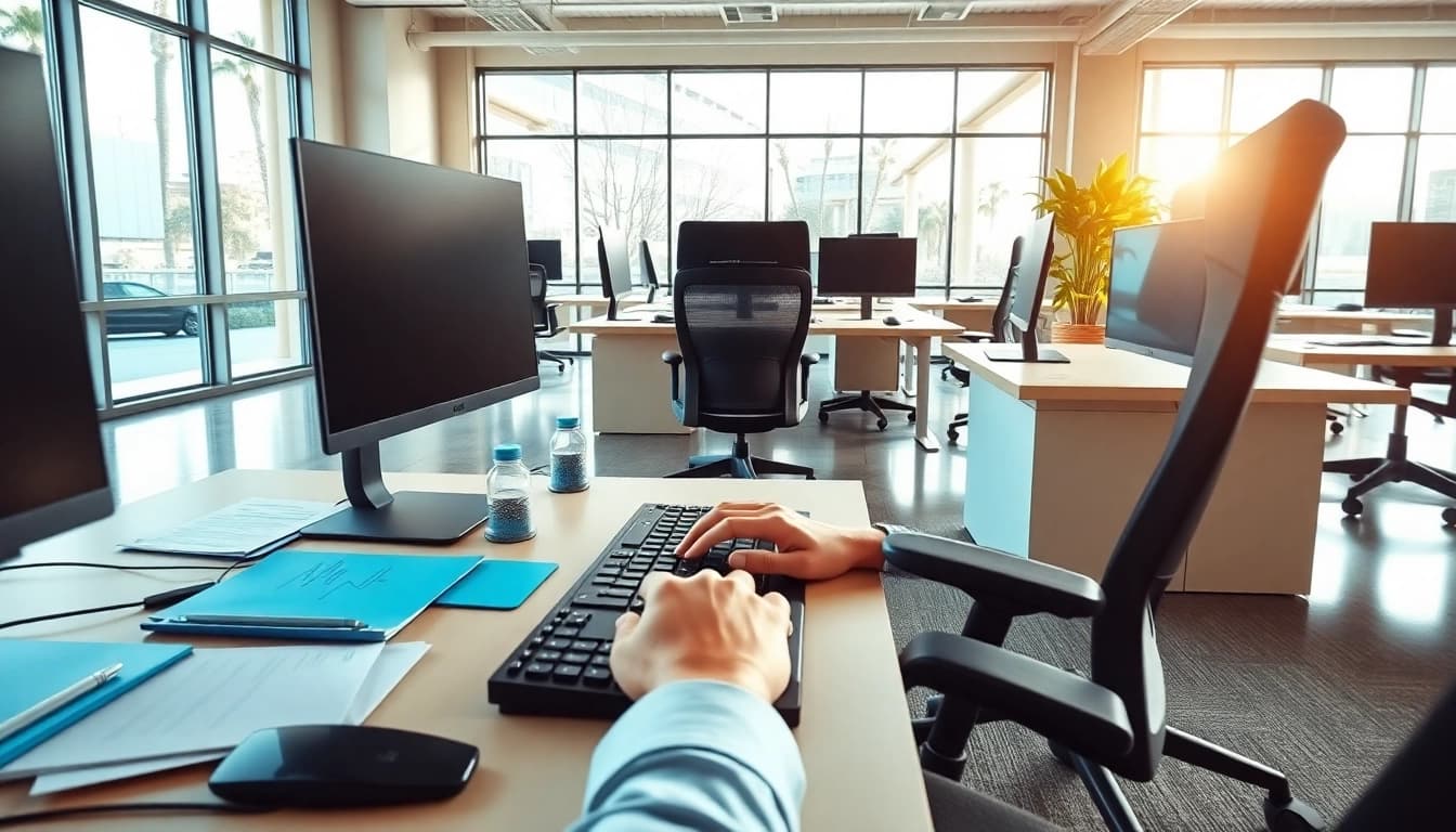 Person working at a typing center with focused demeanor and modern equipment.