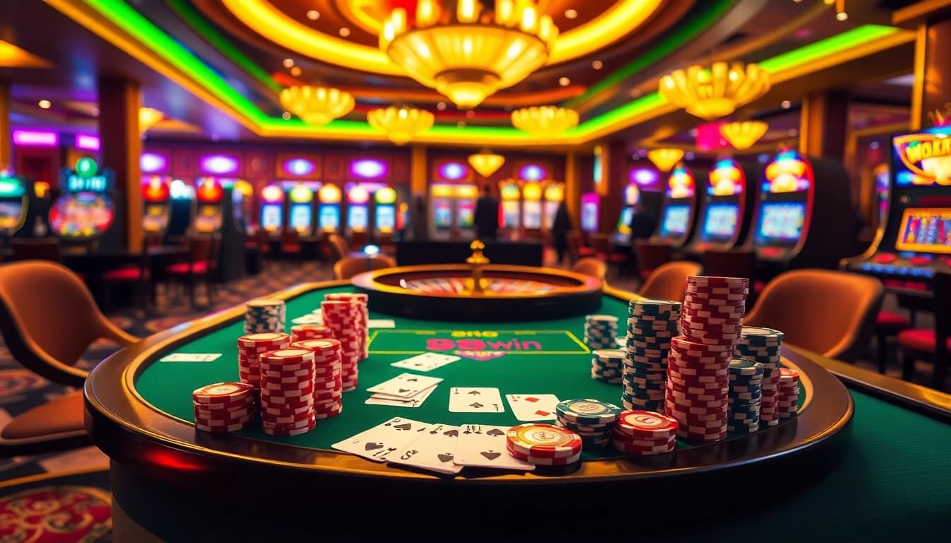 Experience the thrilling game 98win at a luxurious casino, complete with cards, chips, and excitement.