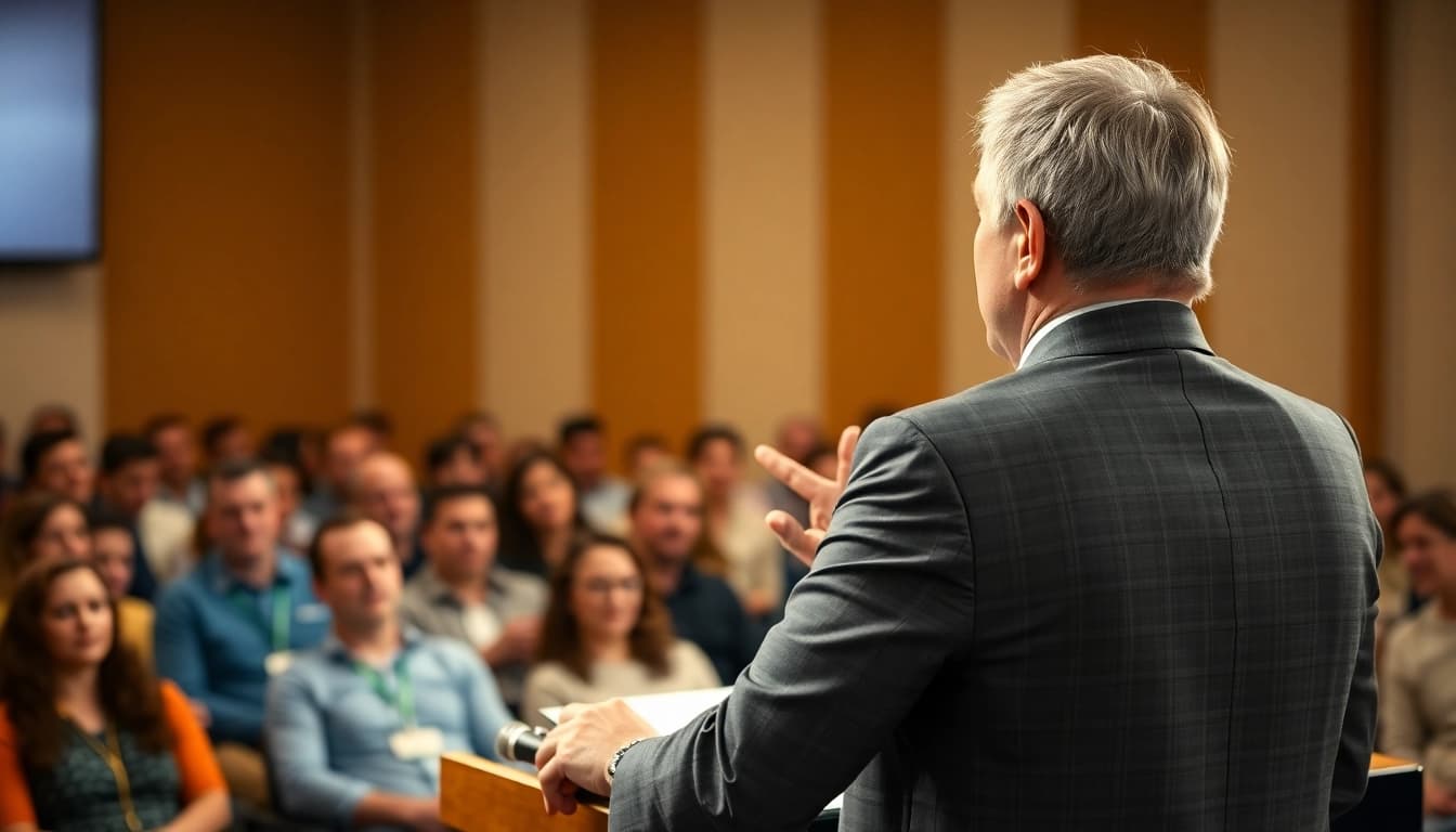 Engaging public speaking training session showcasing a dynamic speaker on stage.
