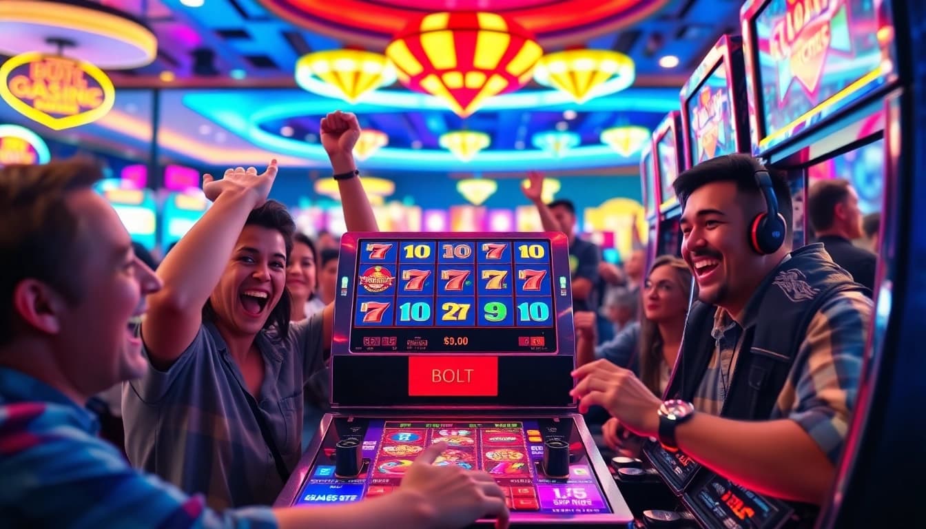 Slot gacor mengundang keceriaan dengan mesin slot yang meriah dikelilingi pemain yang bersuka cita.