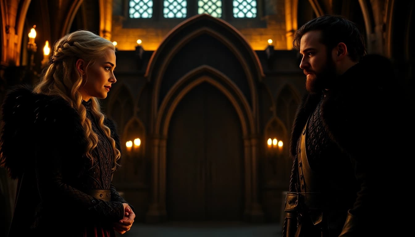 Engaging moment among the game of thrones cast, featuring iconic characters in a medieval castle.