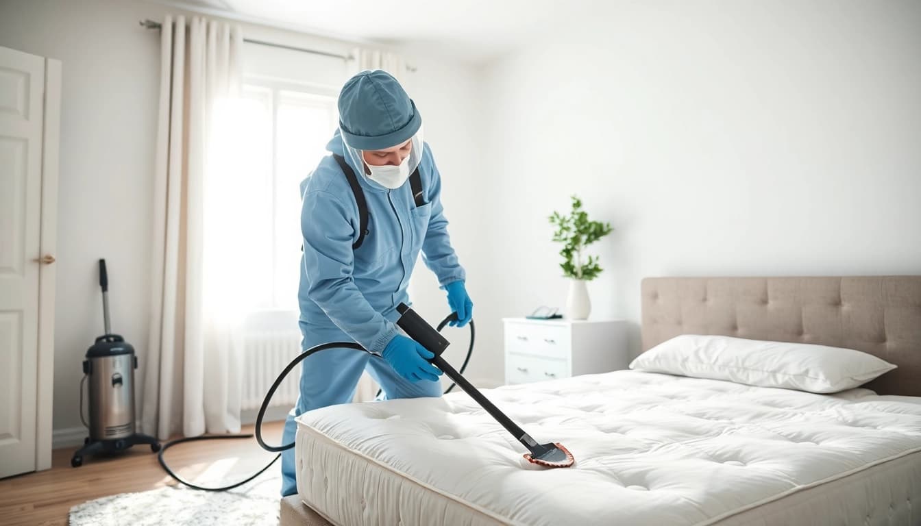 Technician demonstrating effective bed bug removal in a clean bedroom setting.