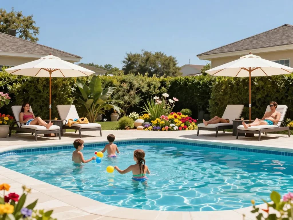 Dolphin Pool Services maintaining a family's sparkling pool while they enjoy time together outdoors.