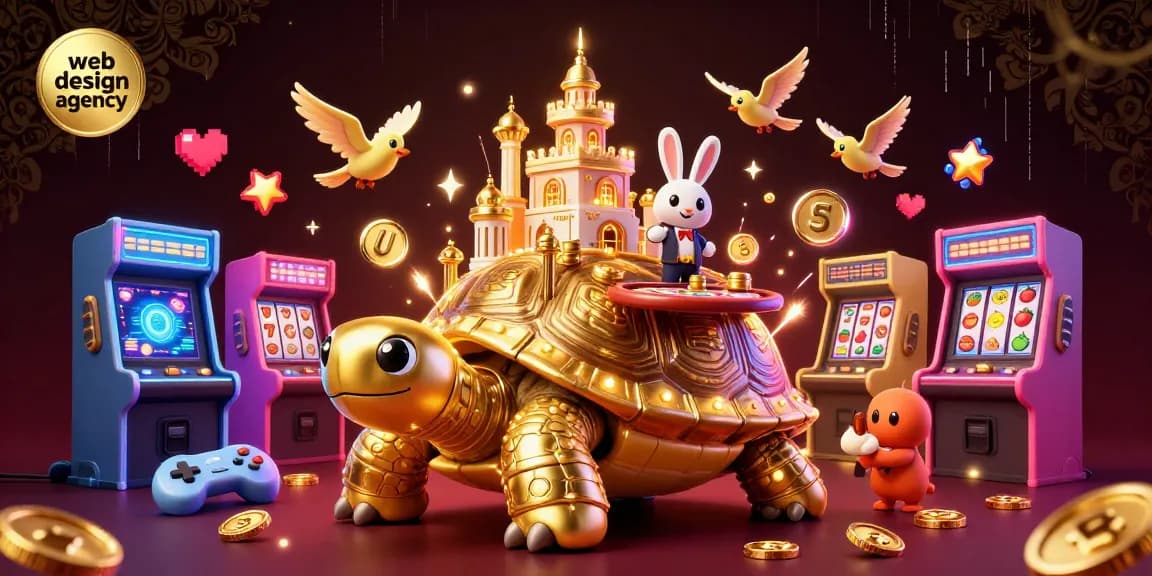 Engaging scene by a web design agency with a golden tortoise casino and a rabbit dealer.