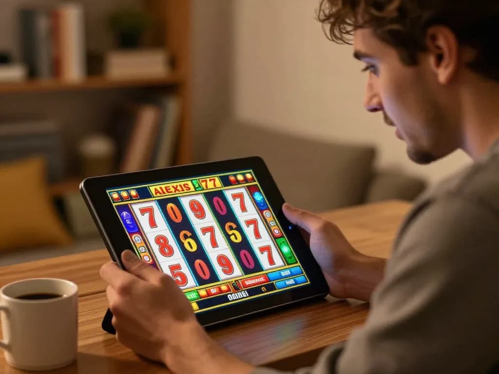 Engaged player enjoying alexis77 slot game on a tablet in a cozy home setting