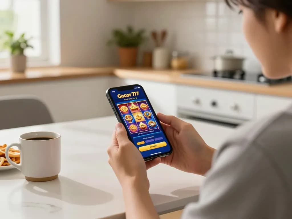 Engaging in slot gacor 777 gameplay on a smartphone in a cozy home setting.