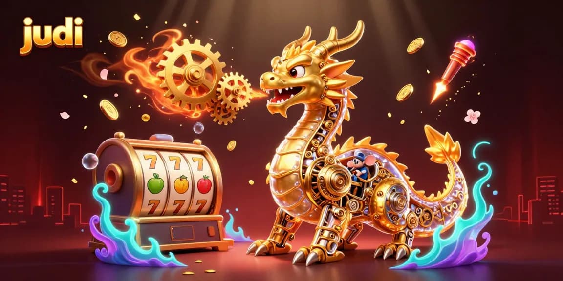 Experience the thrill of judi with spinning slot reels and a golden dragon breathing cogs in a vibrant illustration.