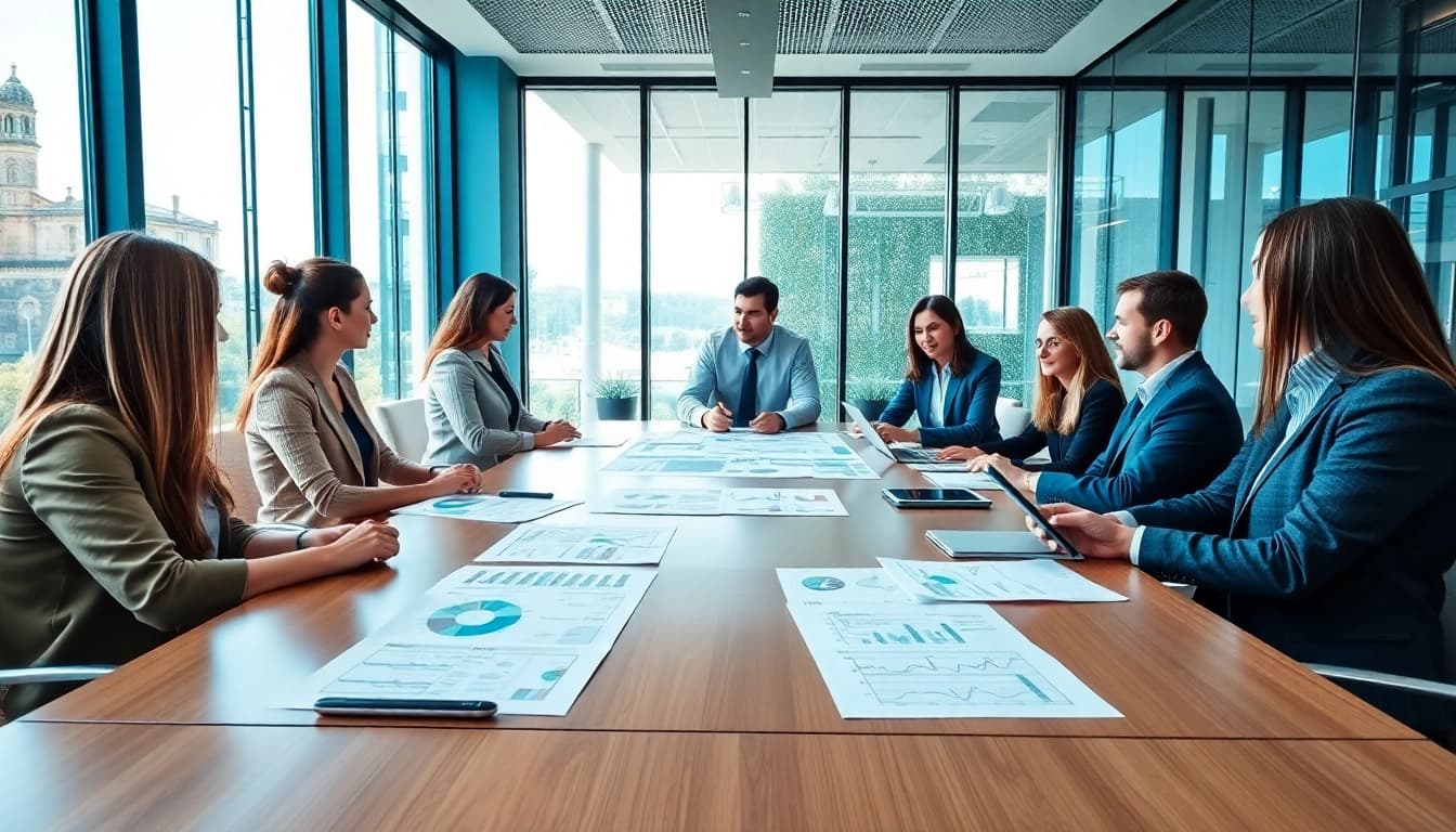 Visualize a team engaged in discussions on luxembourg holding setup strategies in a modern office.