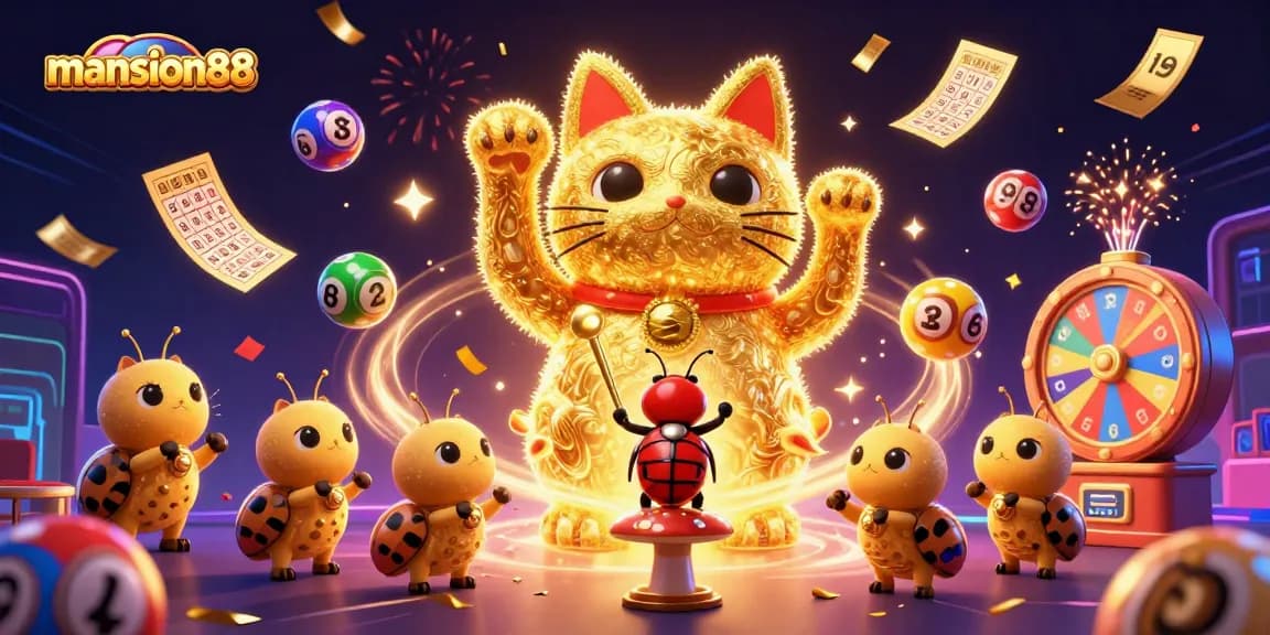 Experience excitement with mansion88's vibrant gaming world, featuring a lively lucky cat and dazzling casino elements.