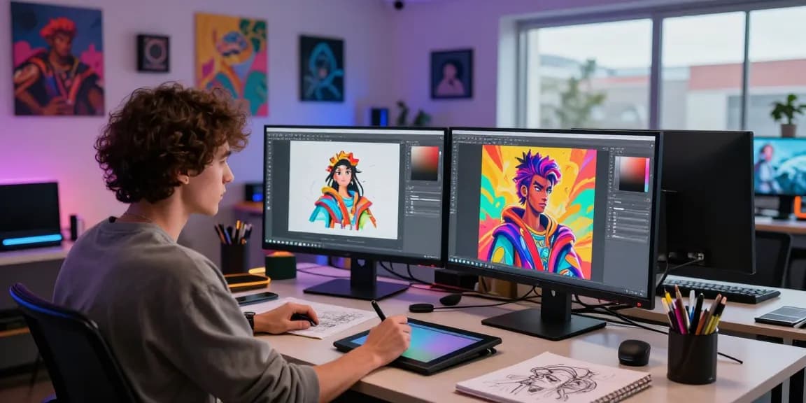 Creating NSFW AI art in a vibrant digital studio environment.