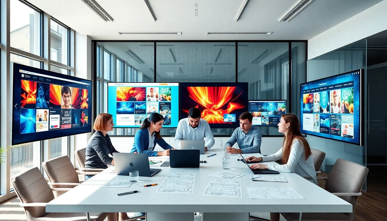 A dynamic scene of a web design company team brainstorming innovative ideas in a vibrant office.