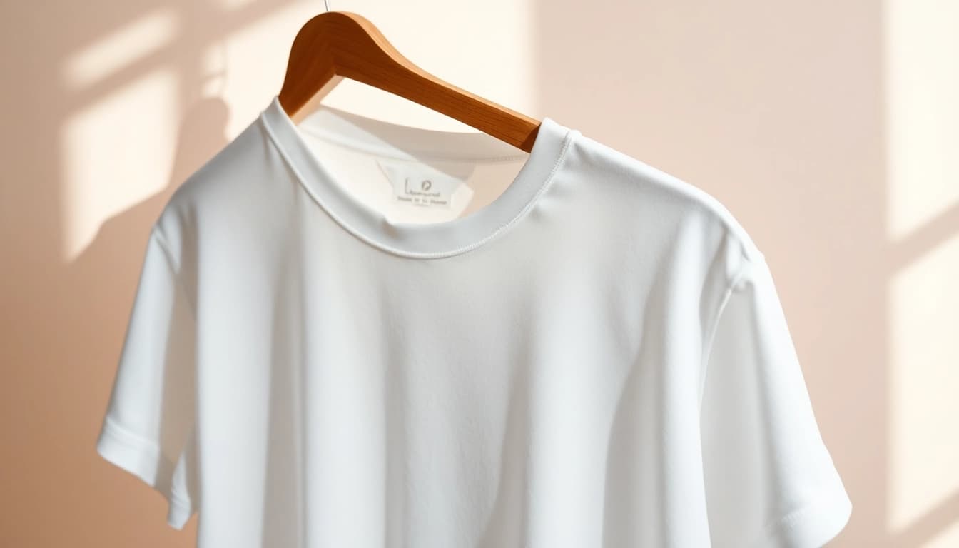 Showcasing a blank white t shirt elegantly hung on a minimalist wooden hanger in soft lighting.