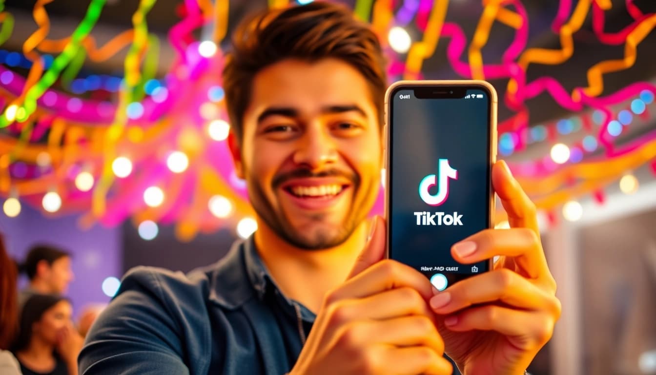 tiktok いいね 購入を促進するインフルエンサーの表情が映る、楽しい背景。