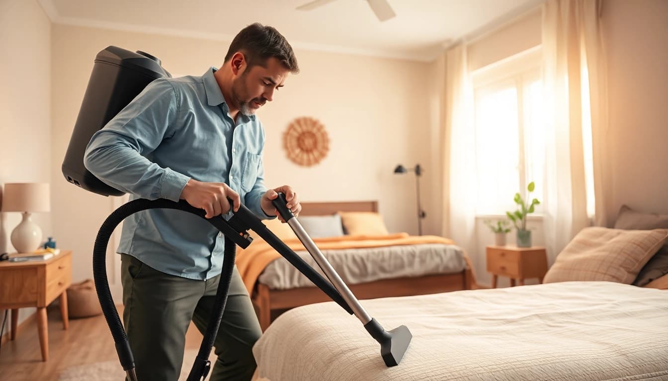 Exterminator executing effective bed bug removal in a clean bedroom environment.
